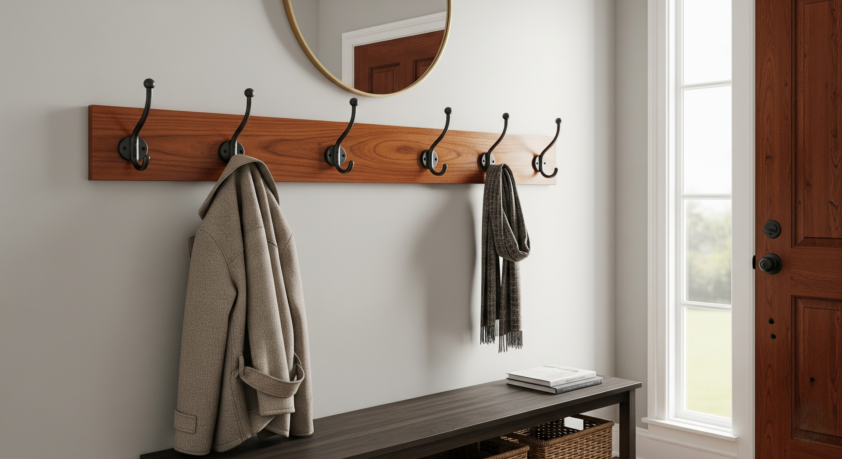 Modern wooden coat rack with hooks in an entryway